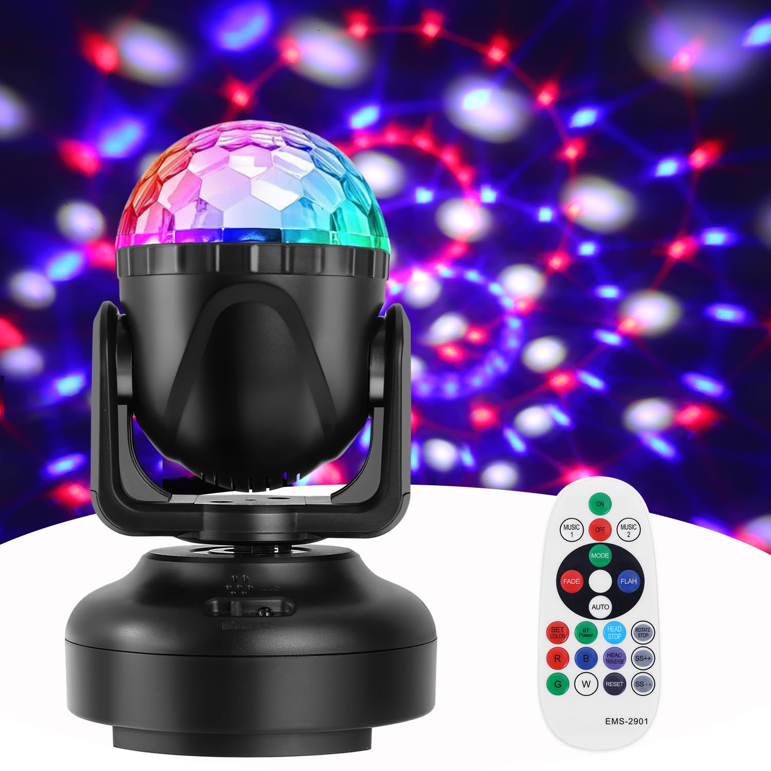 Disco Ball, Gomifie 12 Colors RGBW Rotating Disco Ball Automatic and Manually Adjustable, Light Play with 12 Lighting Modes and Music Activated for DJ, Christmas, Bar and Party