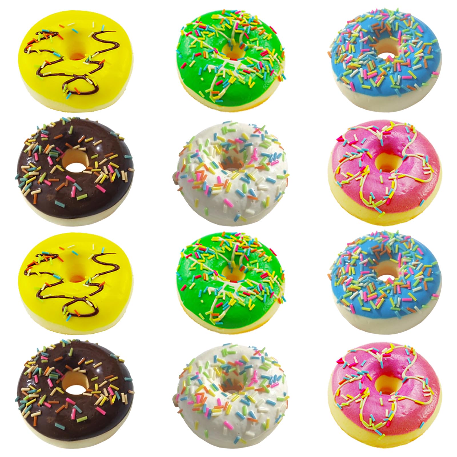 Photo 1 of 12 Pcs Fake Donuts, 3.1 inches Artificial Stress Relief Donuts Foam Squeeze ,6 Colors Fake Doughnut Model for Donut Party Favors Birthday Party Shop Decoration