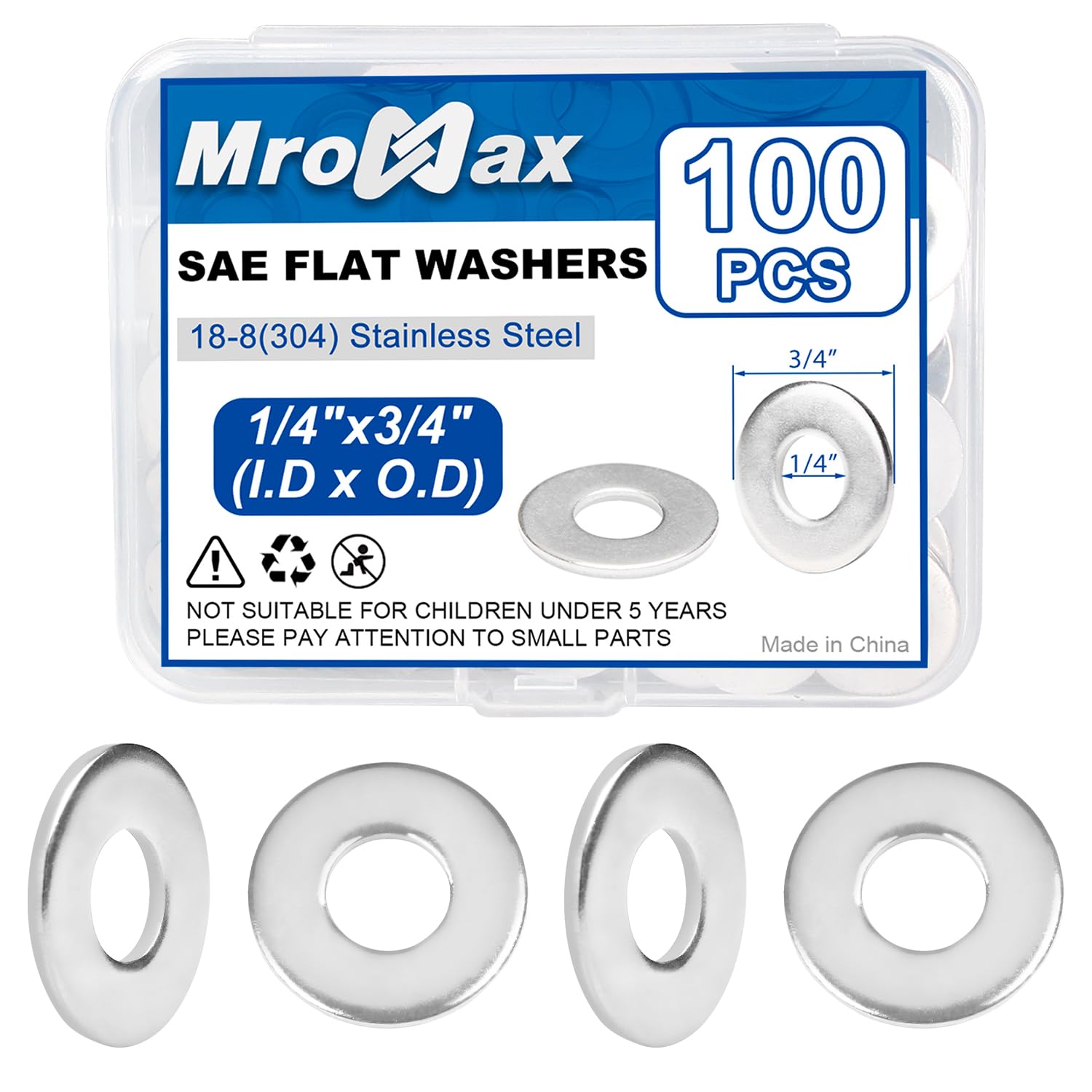 Photo 1 of 1/4" SAE Flat Washers (100Pcs) 3/4" OD 304 Stainless Steel(18-8) Washer for Screws Bolts Metal Washers for Various Home, Factories, Outdoor Projects, Standard ASME B18.22.1