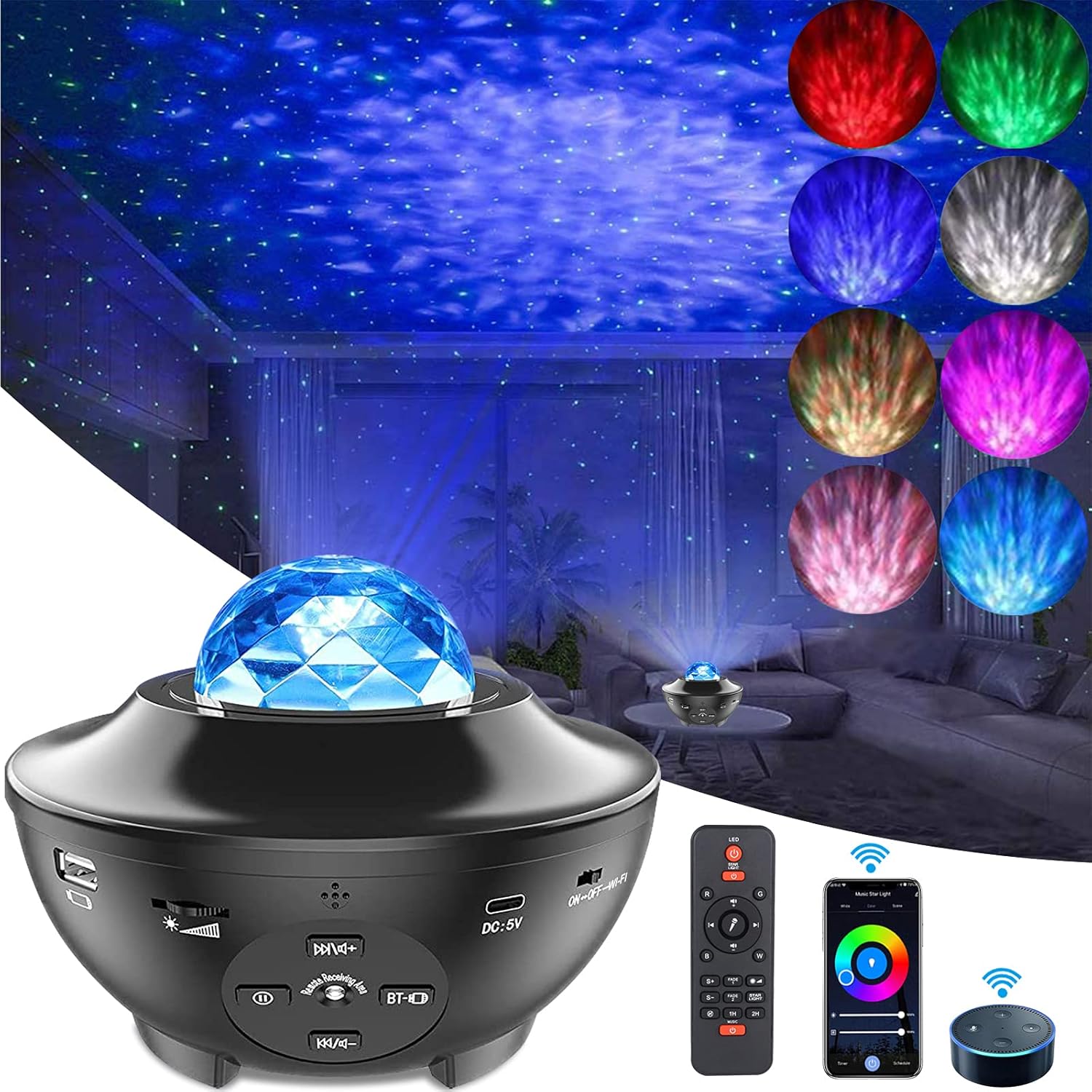 Smart Star Projector Night Light, LUXONIC Ocean Wave Built-in Bluetooth Speaker Sound Sensor LED Starry Night Projector Lamp with Remote APP Controlled Light for Kids Gift,Christmas, Home Decoration