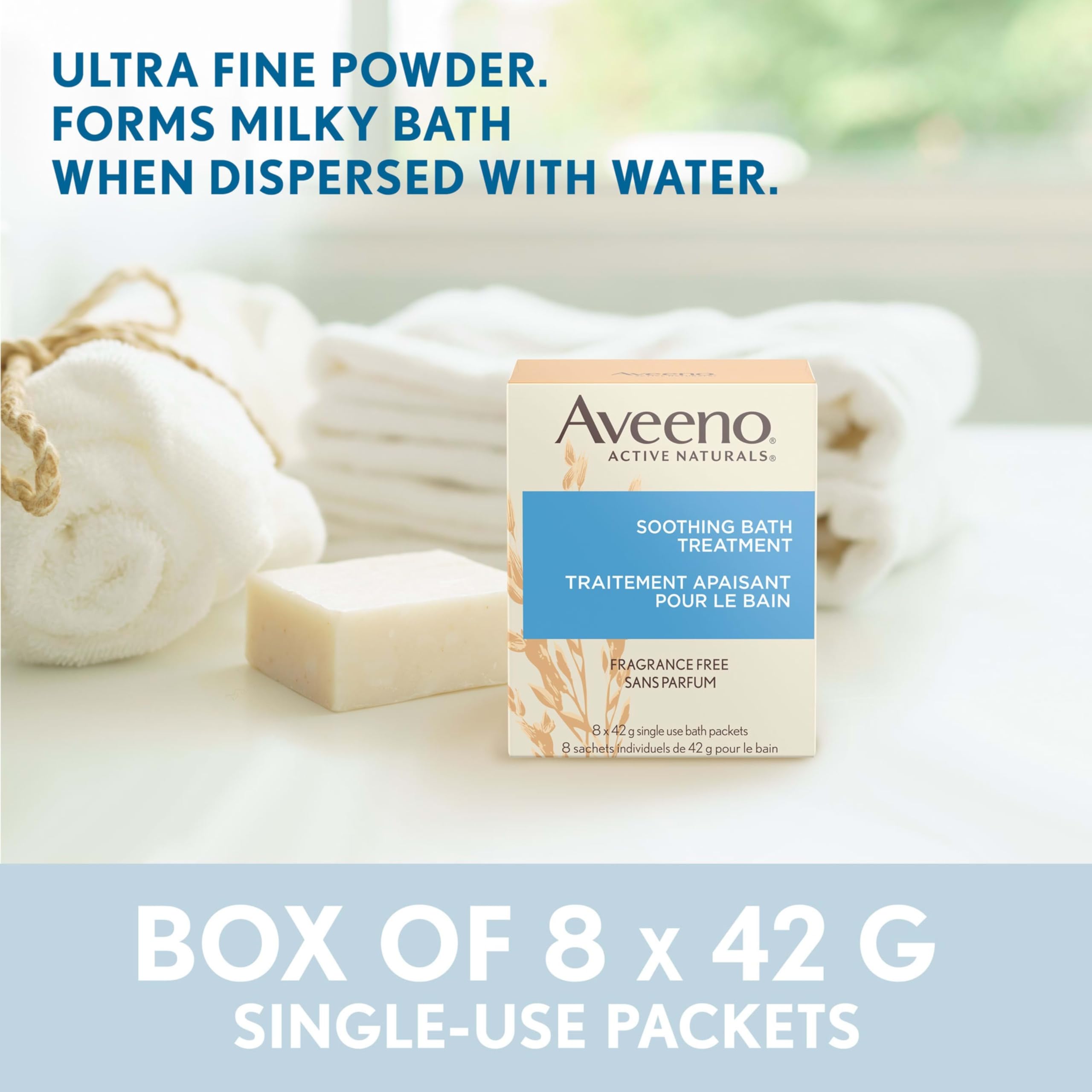 Aveeno Fragrance-Free Soothing Bath Treatment & Soak for Soothing Relief, 100% Natural Colloidal Oatmeal, Relieves Itchy, Irritated Skin Due to Eczema, 8 Single-Use Bath Packets