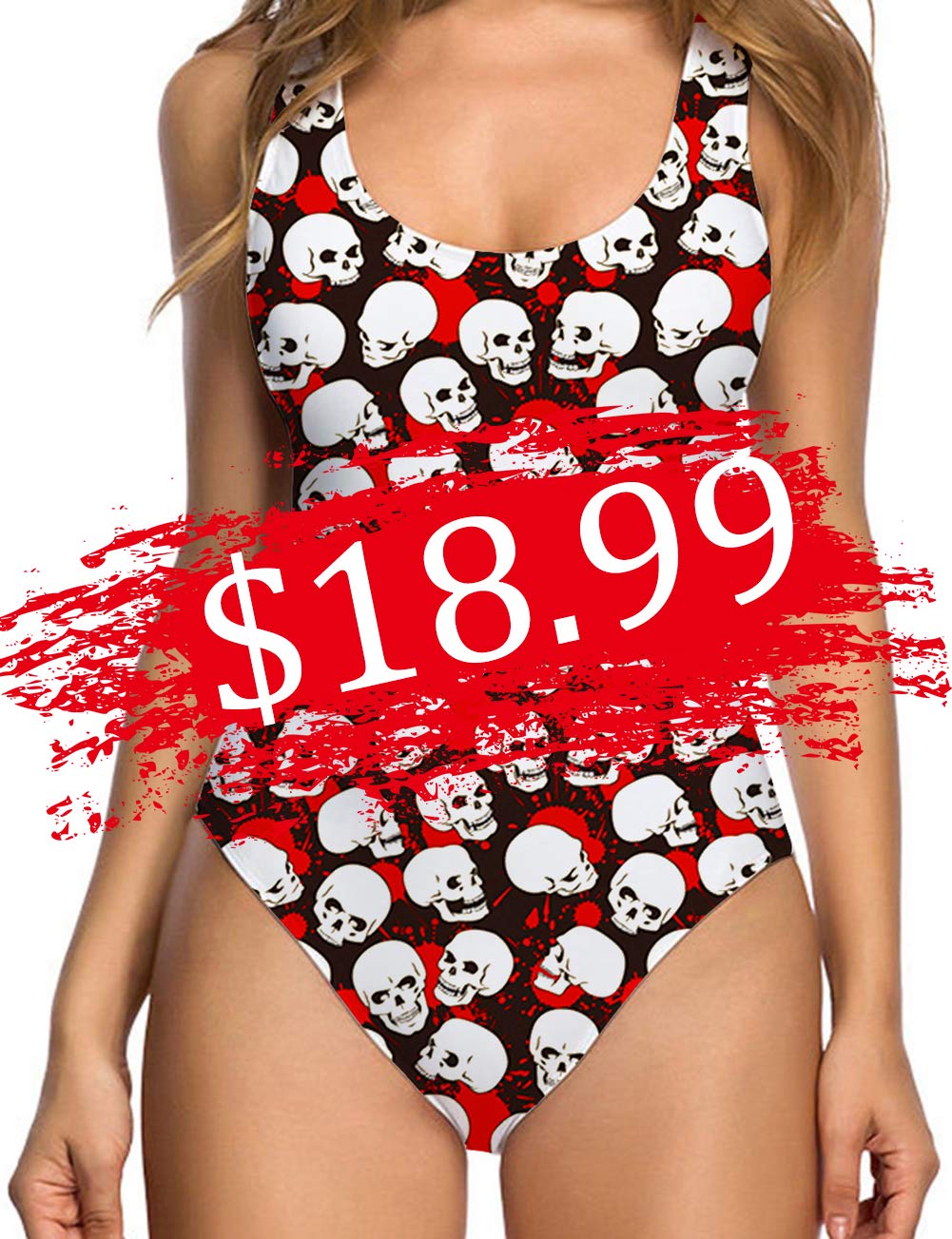TUONROAD Retro 80s/90s One Piece Swimsuit Bodysuit for Women Ladies Halloween Print White Black Skull Red Blood Skeleton Funny 3D Printed Halter Straps U Neck Backness Padded Swimwear Jumpsuit