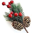 Red Berry Stems Pine Branches Evergreen Berries Décor 8 PCS Artificial Pine Cones Branch for Christmas Craft Wreath Pick & Winter Holiday Floral Picks Holly Stem for Decoration DIY Xmas Crafts