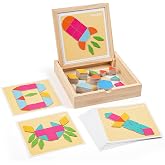 130 Pcs Wooden Magnetic Pattern Blocks Set for Kids Ages 4&ndash;8, Creative Gift | Montessori Magnetic Tangram Puzzle with Geometric Shape Pattern Cards &amp; Storage Box, STEM Educational Toys for Boys &amp; Girls