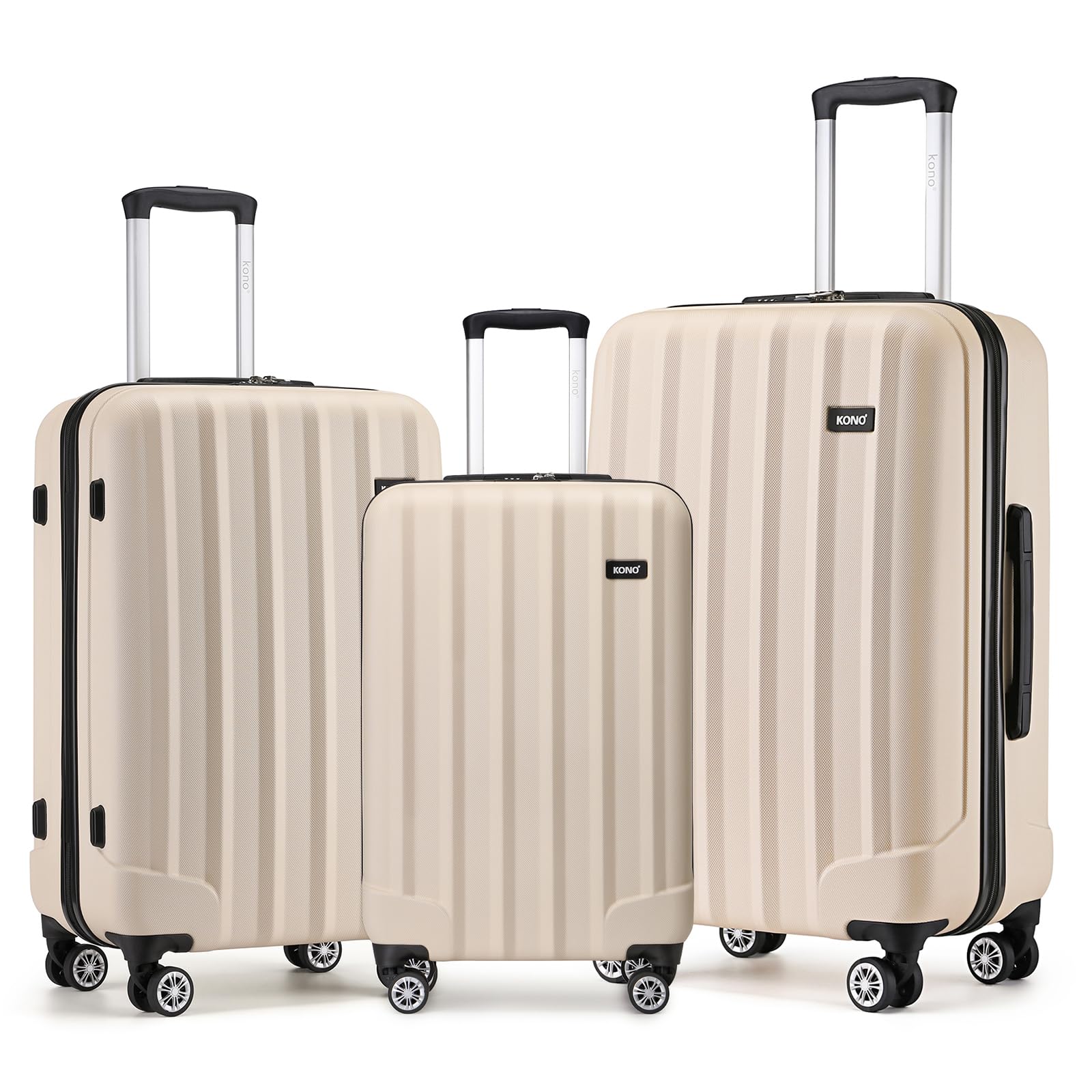 Kono 3 Pcs Luggage Set Hard Shell Suitcase ABS+PC Lightweight Suitcase with 4 Spinner Wheels Business Trip Trolley Case 19/24/28 Inch (Beige Set)