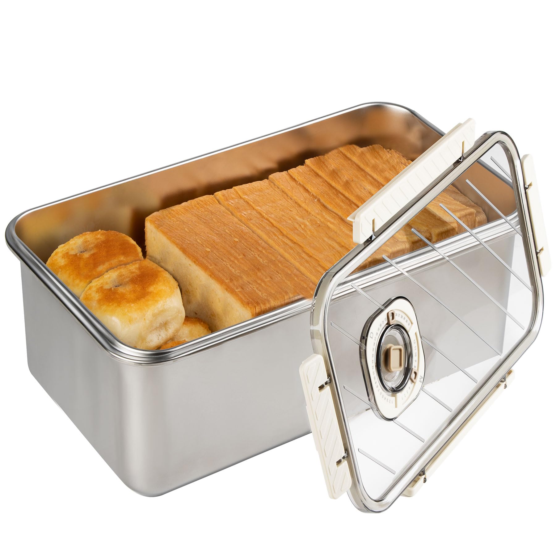 Photo 1 of udNmlaiebot Large Bread Container: Time Recording Bread Storage Container with Lid, Stainless Steel Bread Box, Bread Storage Solution, Airtight Bread Box, Dishwasher Safe (Silver-White)