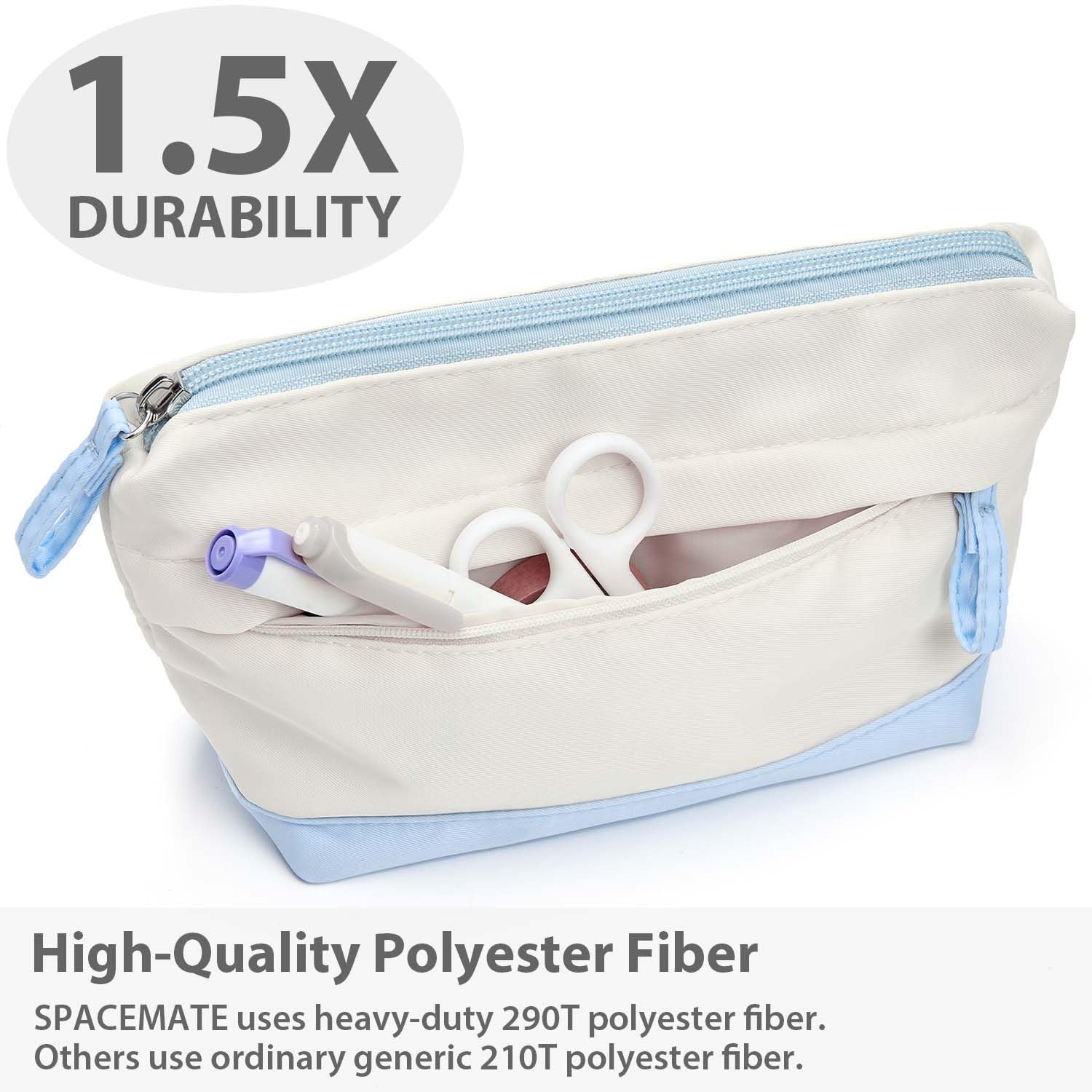 Pencil Case Pouch Bag School Supplies for Girls, Cute Aesthetic Pen Case, Large Big Capacity Zipper Stationery Bag for Women Teen Adults, Ivory and Light Blue, 1400ml