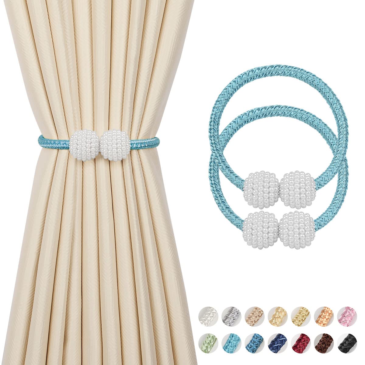 2 Pieces Magnetic Curtain Tie Backs - 19" Long Pearl Ball Curtain Magnetic TieBacks, European Drapes Clips Rope Holdbacks for Home, Office, Hotel Window Decorative, Blue