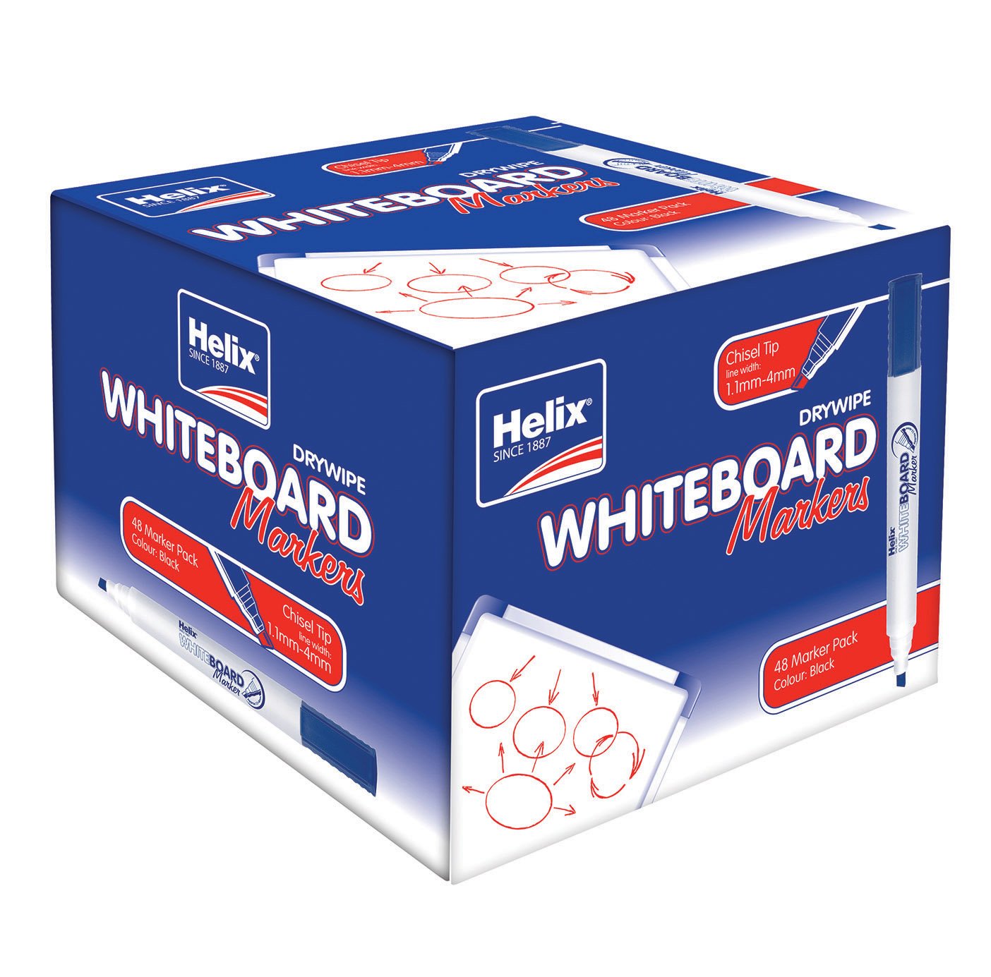 Helix Whiteboard Chisel Marker Pens - Black (One Box of 48 pens) MP8012