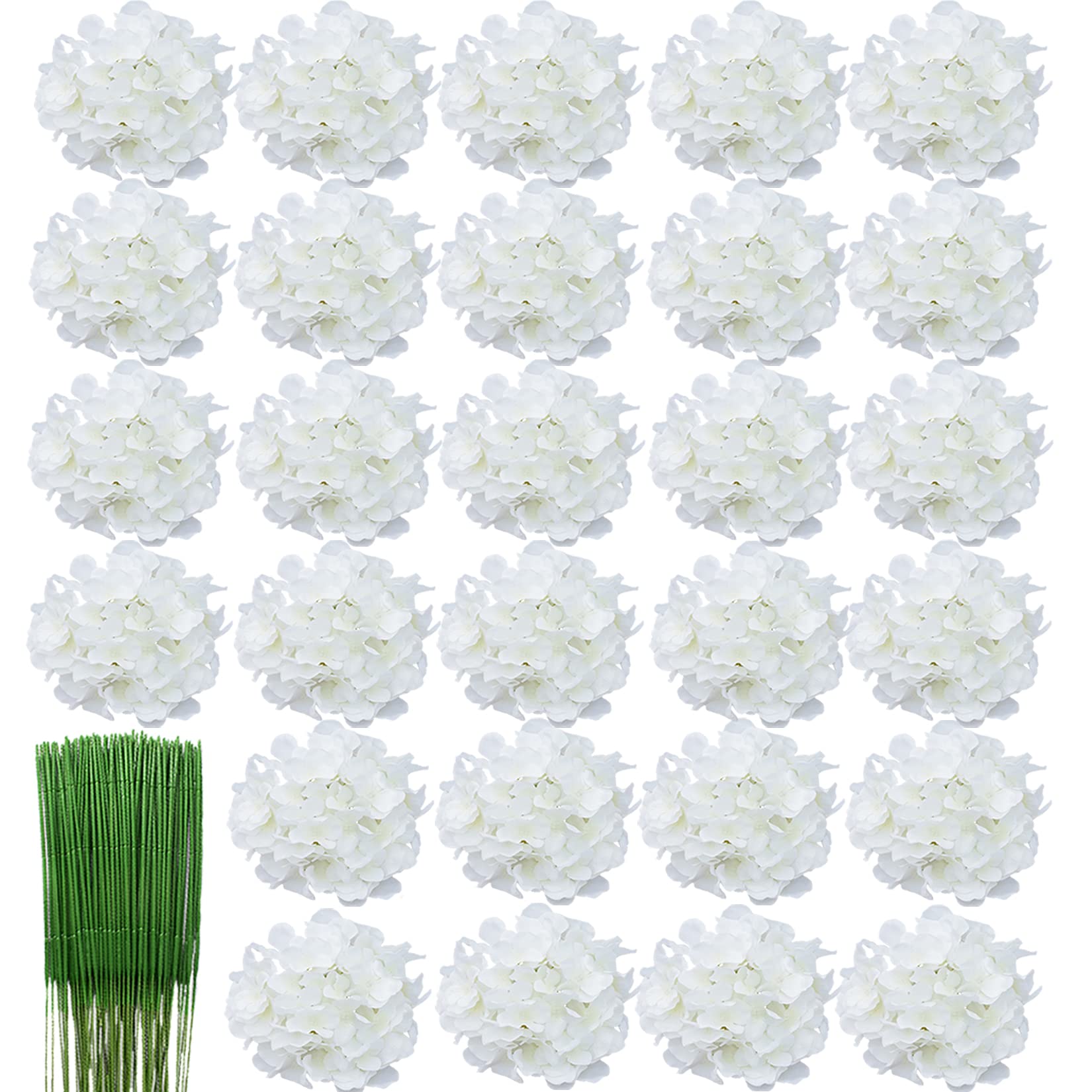 HinyoCo 28pcs Silk Hydrangea Flowers Heads 18cm Artificial Flower with Stems Fake Flowers for Home Wedding Party Decorations (White)