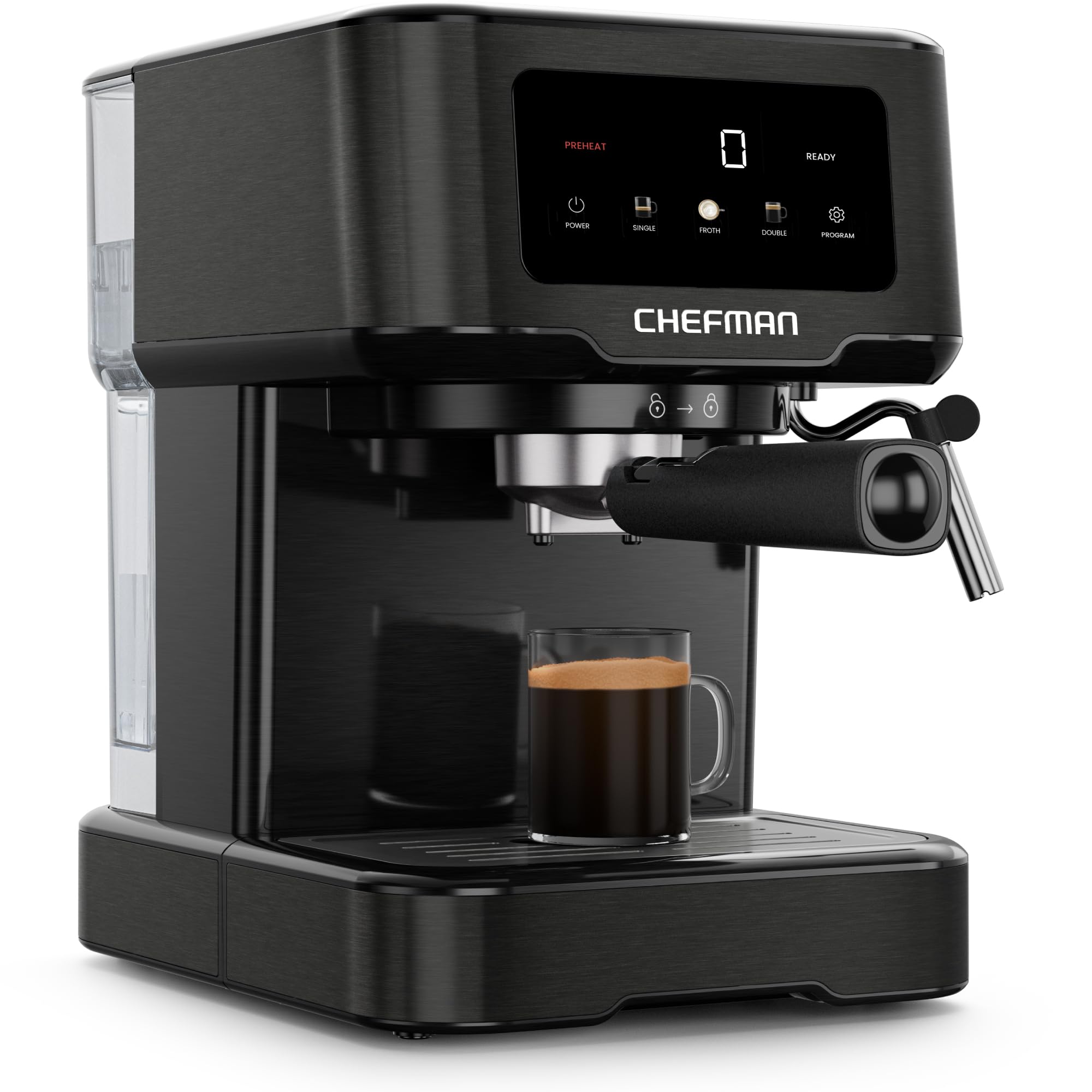 Chefman CraftBrew Espresso Machine, 15-Bar Pump Digital Espresso Maker w/Steam Wand for Latte & Cappuccino, Compact Espresso Coffee Machine w/ 1.5L Removable Water Reservoir - Stainless Black