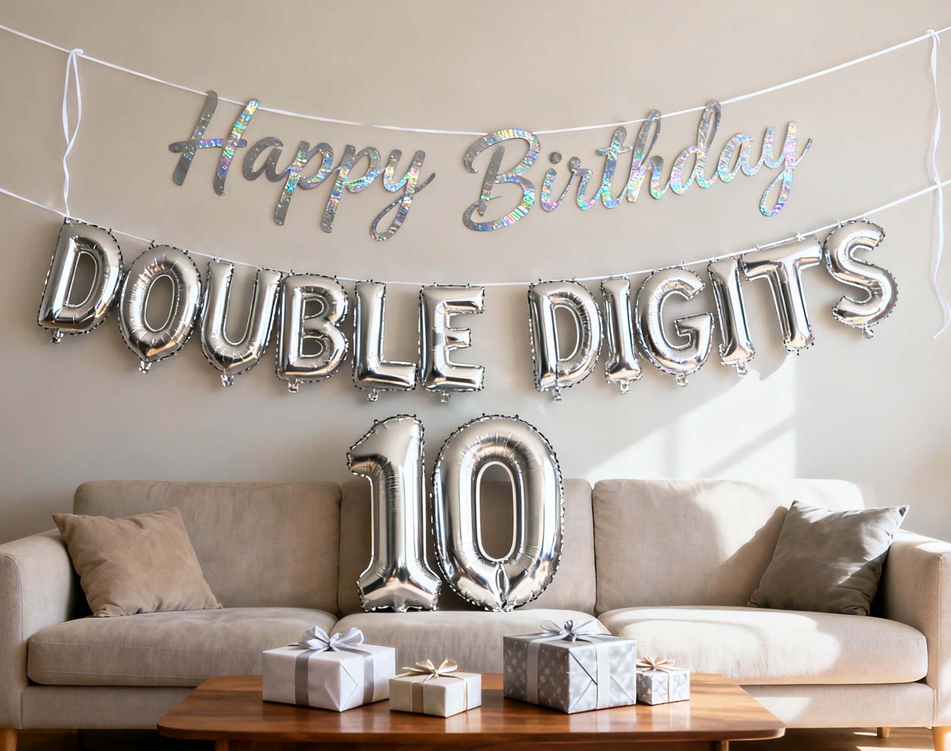 Photo 1 of 10th Birthday Decorations for Boys Girls, Double Digits 10th Birthday Balloon Happy 10th Birthday Banner Jumbo Number 10 Foil Balloons for 10 Years Old Boys Girls Sons Daughter (10th Silver)