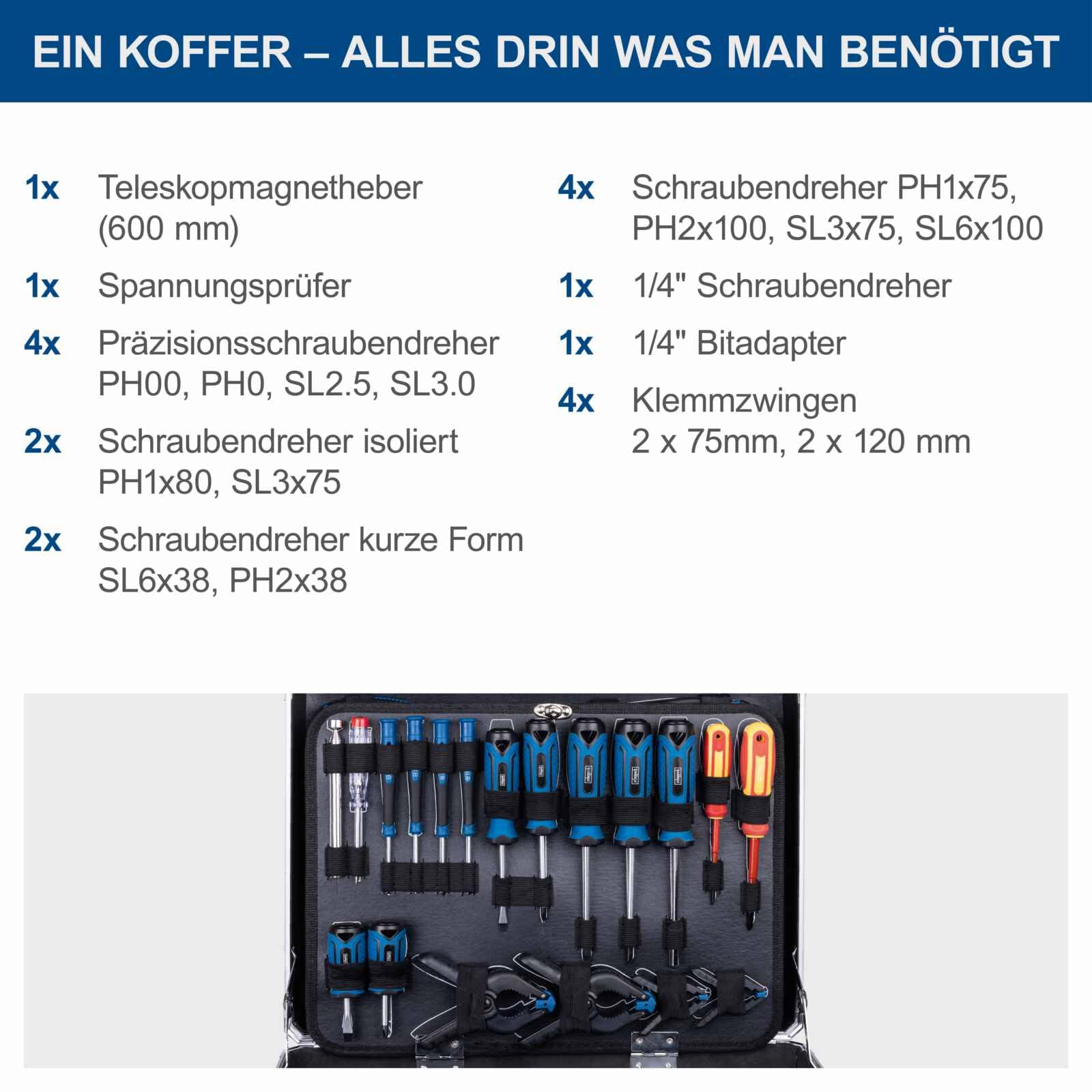 Scheppach TB200 Aluminium Werkzeugkoffer gefüllt 141-tlg Werkzeug Set | Werkstattkoffer bestückt mit Schraubenschlüssel, Hammer, Zange, Schraubenzieher, Werkzeugkiste für Werkstatt und Haushalt 6