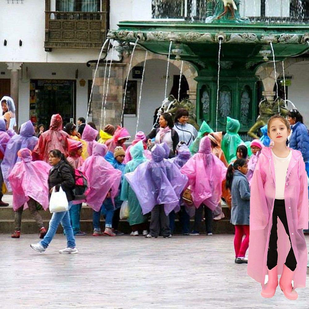 Kids Rain Poncho Raincoats, Lightweight Waterproof Reusable Rain Jacket Coat with Hooded for Girls Boys, Portable Poncho Rainwear for Outdoor/Camping/Hiking/Parks, 2 Pack Blue & Pink Rain Poncho