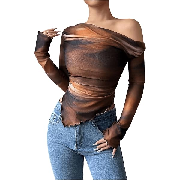 SOLY HUX Women's One Shoulder Tie Dye Long Sleeve Top - Sheer Mesh Slim Fit Tee