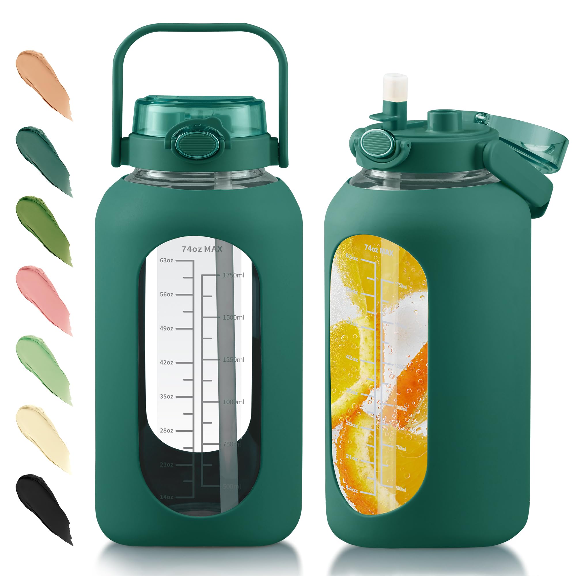 Photo 1 of SIEROZUR 74 oz Glass Water Bottle with Straw and Lid Large Gallon Water Bottle with Silicone Sleeve 2.2 Liter Sports Water Bottles with Time Marker For Gym, Workout,Wide Mouth