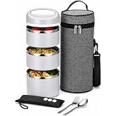 Lille Home Stackable Stainless Steel Thermal Lunch Box, 43OZ/1.38L | 3 Tier Insulated Bento Lunch Box with Lunch Bag and 3 Extra Seals, Leakproof Food Container for Work, Travel, Meal Prep