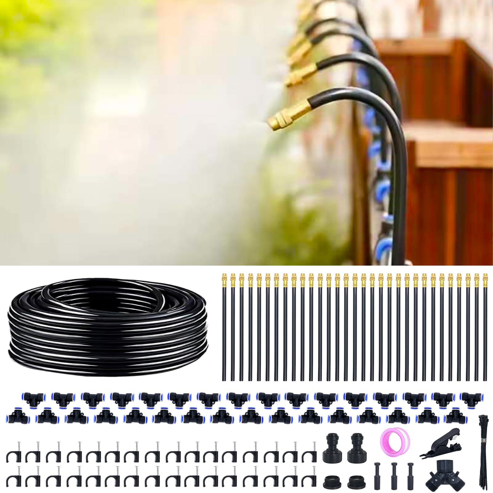 360° Adjustable Drip Irrigation System - 100FT Garden Watering System with 32 Nozzles, Garden Irrigation System, Greenhouse Accessories, Atomizing System for Yard, Lawn, Plants, 5/16 inch Hose Image