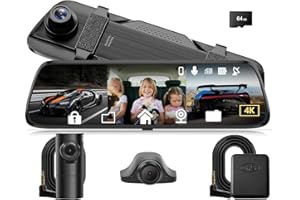 KOXAME 12" Mirror Dash Cam 4K Rear View Mirror Camera Smart Full Touch Screen, Front Rear and Interior Triple Recording, with 64GB Card, WiFi, GPS, Reverse Assist