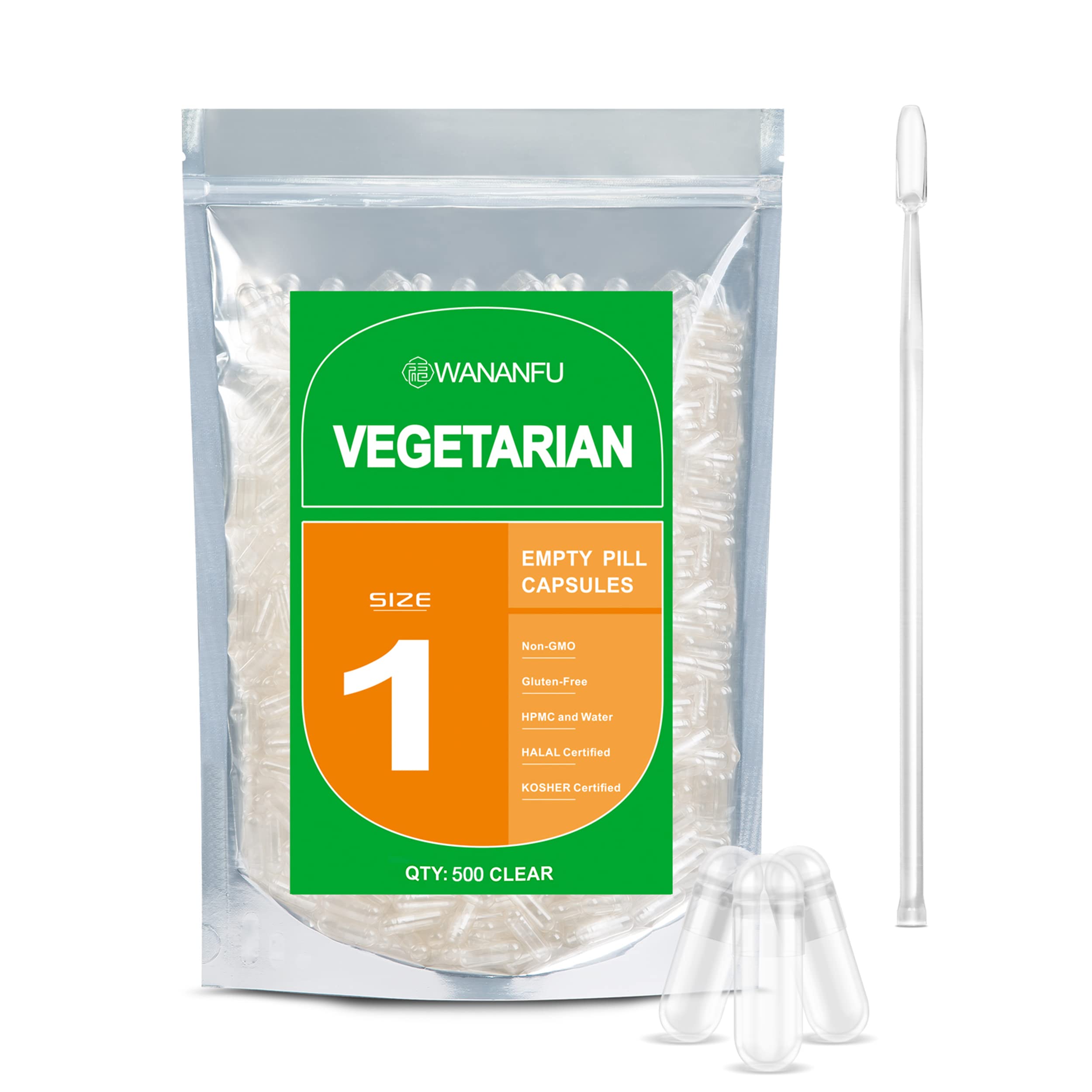 WANANFU Size 1 Empty Capsules Vegetarian (500 Count) Bundle with Micro Lab Spoon with Powder Tamper, Compatible with Capsule Filling Machine