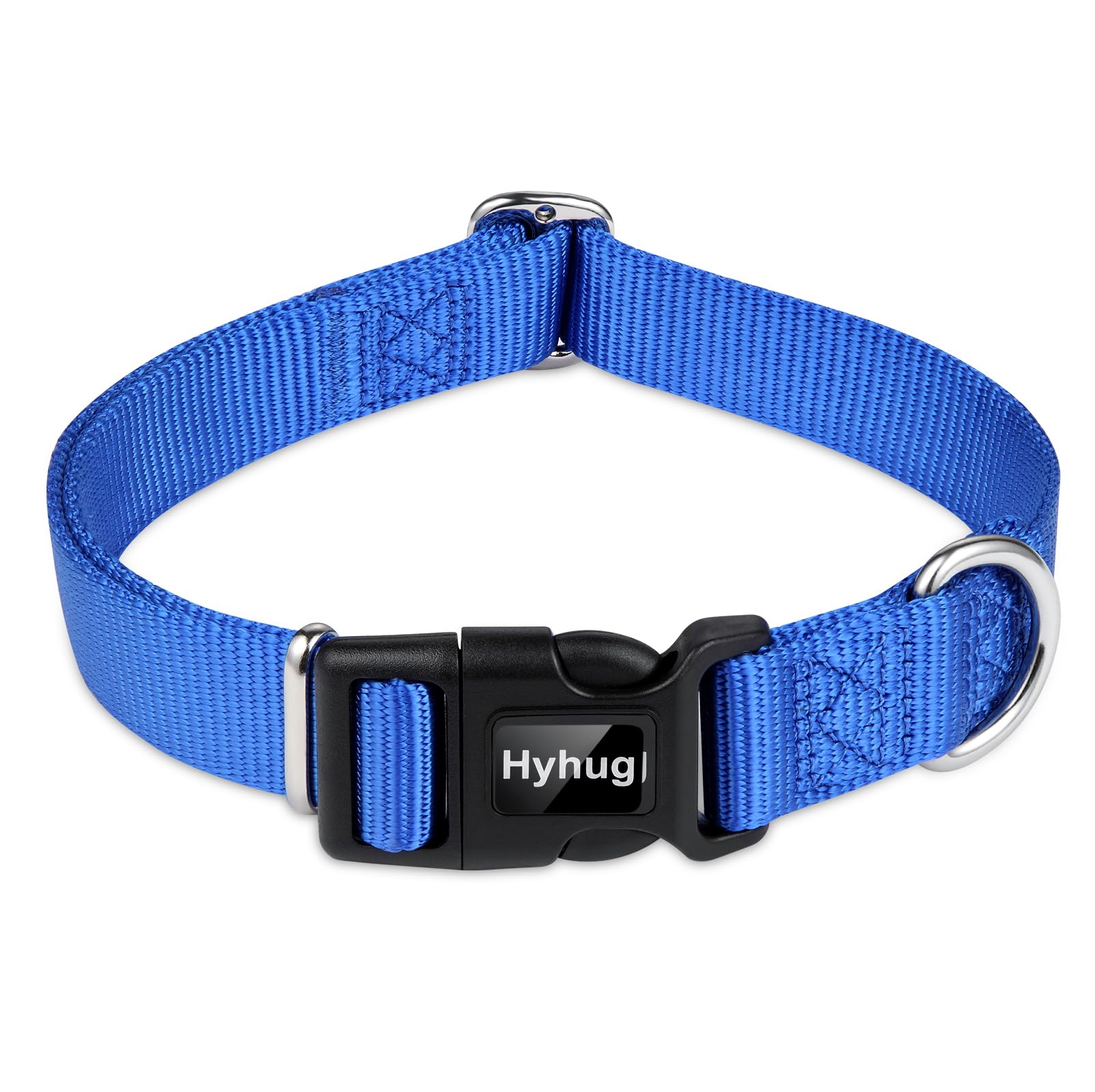 Hyhug Pets Design Solid Color Heavy Duty Classic Basic Nylon Dog Collar, Unique Design Adjustment Triglide Slide (Buckle), Can Install Dog Tag (Large, Bright Blue)