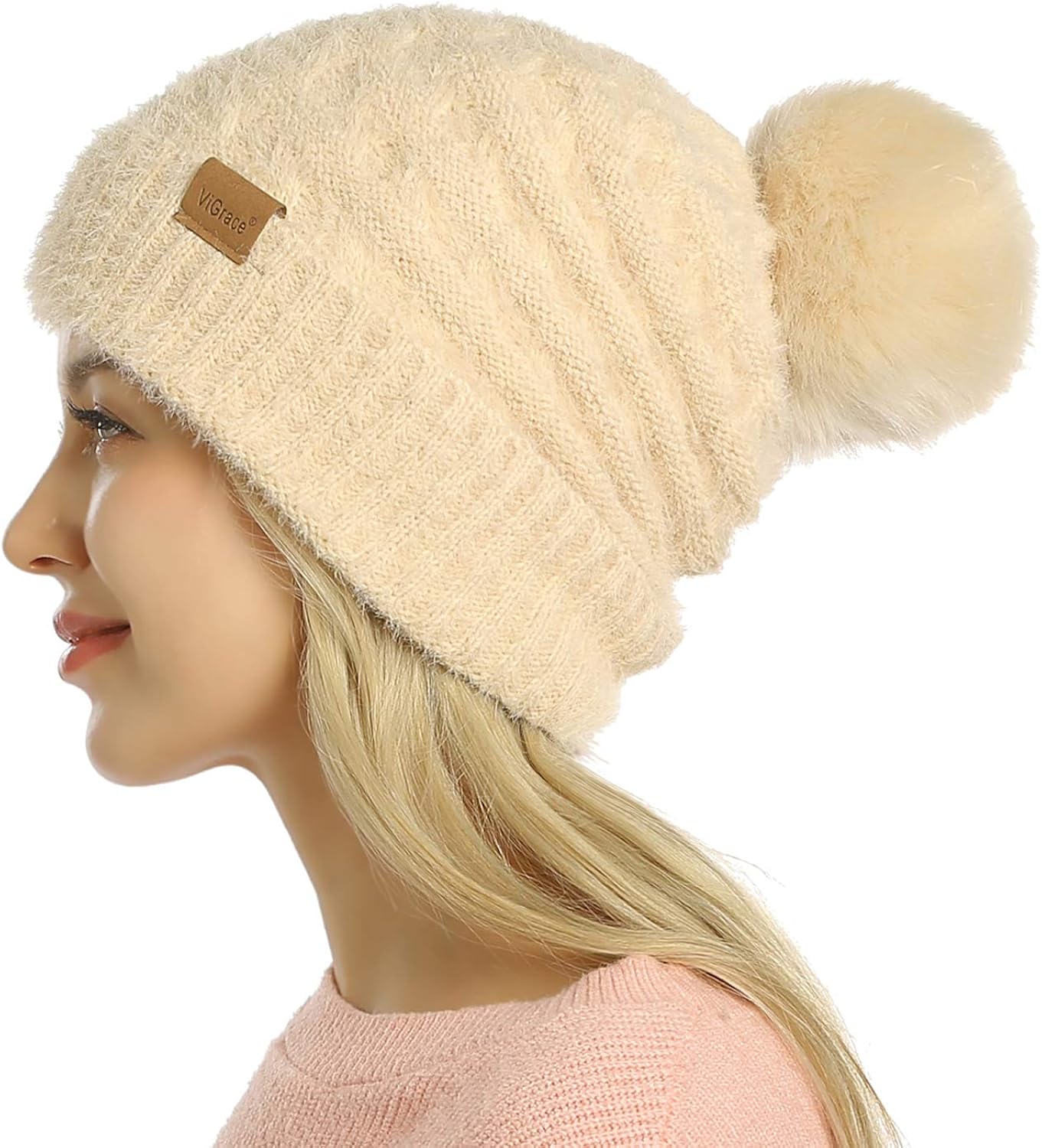ViGrace Womens Winter Hat Slouchy Warm Beanie Hats Faux Fur Pompom Chunky Baggy Ski