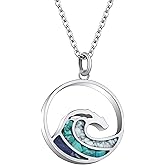 Lauren-Spencer Ocean Wave Pendant Necklace for Women, Ocean Beach Themed Jewelry Gifts for Women, Turquoise Sodalite Chips Stainless Steel Necklace, Blue Surf Necklace for Women