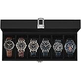 SONGMICS Watch Box, 6-Slot Watch Case Organizer with Large Glass Lid, Removable Pillows, Gift for Loved Ones, Black Synthetic Leather, Black Lining UJWB06B01