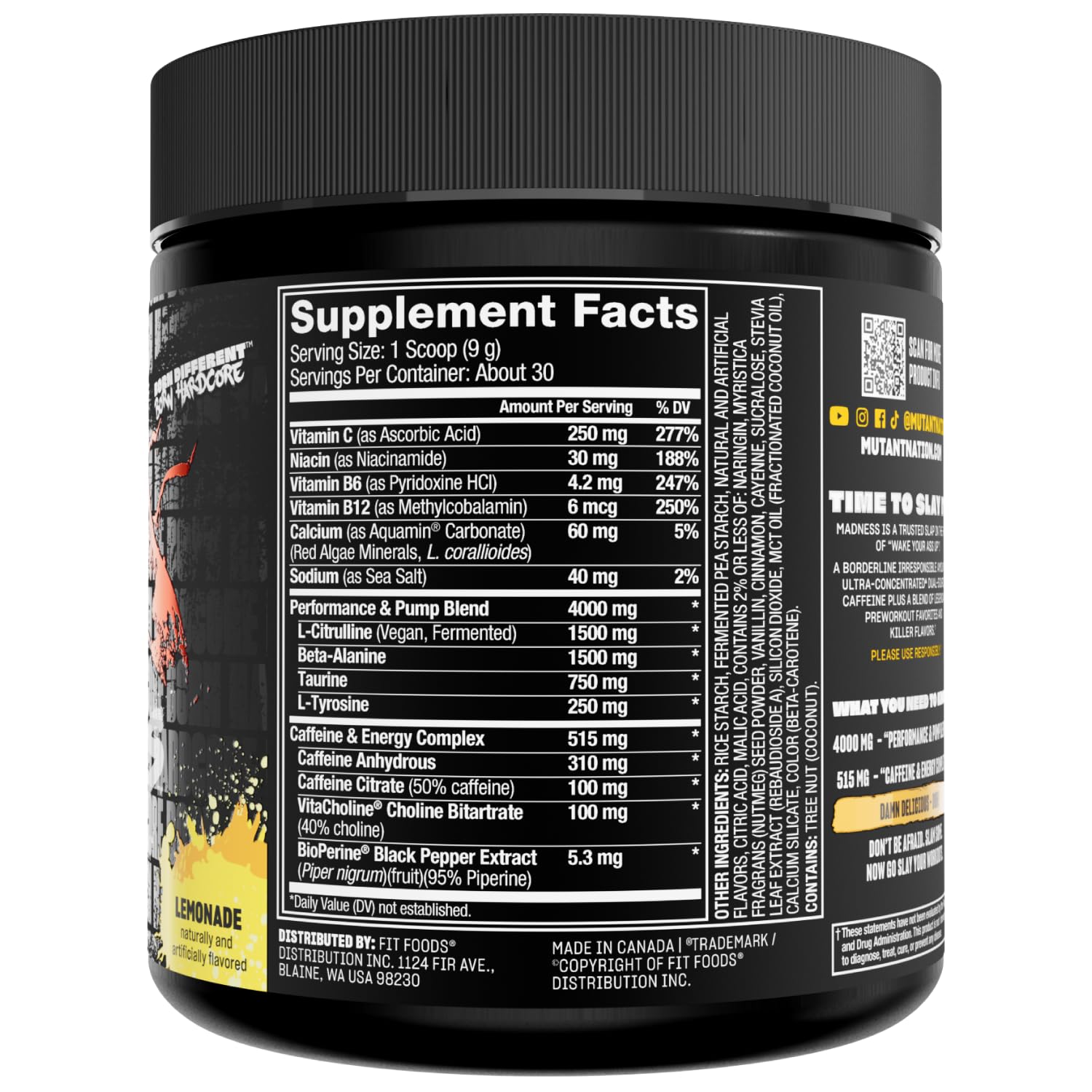 Mutant Madness | Pre Workout Powder Performance and Pump Blend Includes L-Citrulline, Beta-Alanine, Taurine, L-Tyrosine (Lemonade)