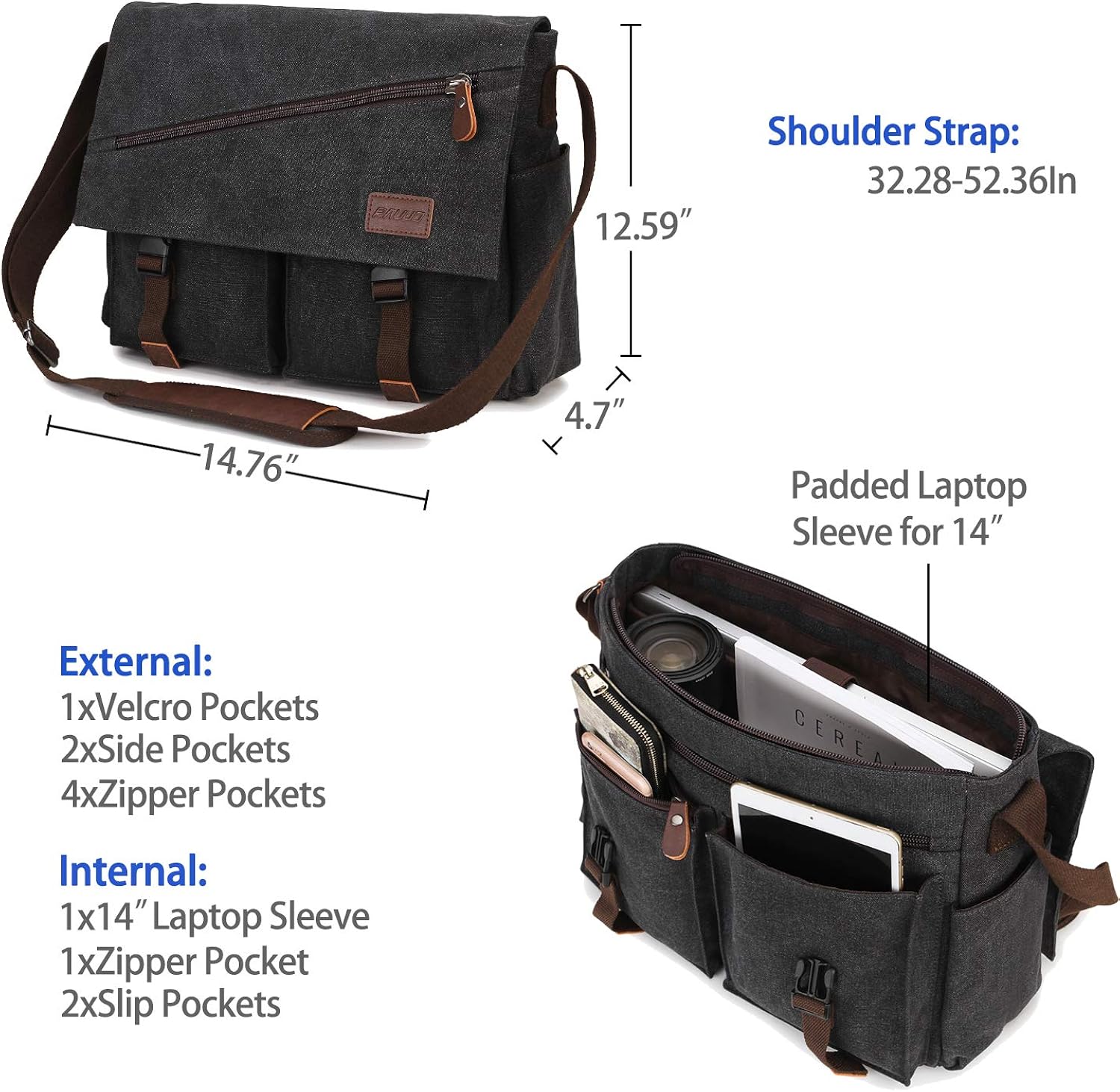 Messenger Bag For Men,Water Resistant Unisex Canvas Shoulder Bag Fits 14 Inch Laptop School Satchel Book Bag for Work and College: Shoes