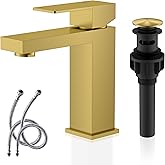 KENES Brushed Gold Bathroom Faucets, Modern Single Hole Lavatory Vanity Faucet, Single Handle Bathroom Sink Faucet Gold, with Pop Up Drain & Water Supply Hoses LJ-9031-4
