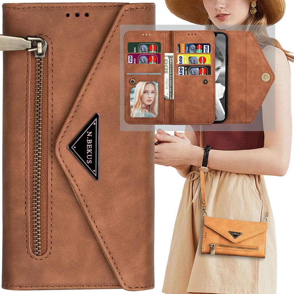 Galaxy Note 20 Wallet Case with Crossbody Strap for Women,Auker Folio Flip Leather 9 Card Holder Flip Kickstand Magnetic Pocket Wallet Case Clutch Zipper Purse Case Shoulder Bag for Samsung Note20