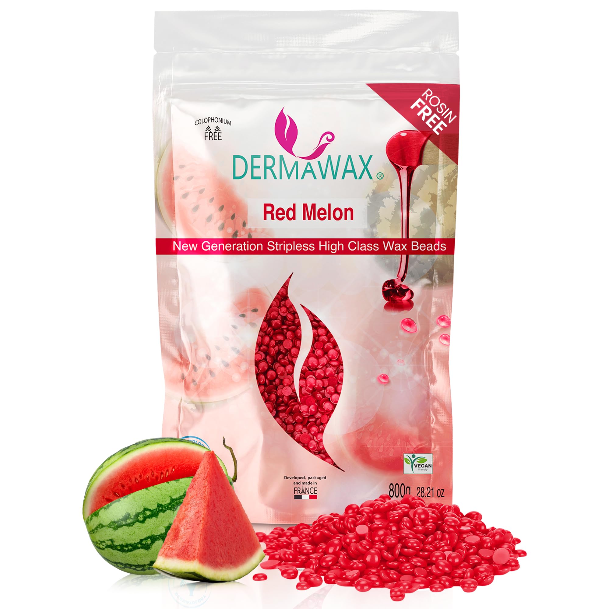 Hard Wax Beads for Hair Removal, Red Melon Stripless, Vegan Hypoallergenic Base Rosin Free Fast Setting Professional Wax for Experienced Users, Face Legs Bikini Line, Dermawax, Made in France, 800g