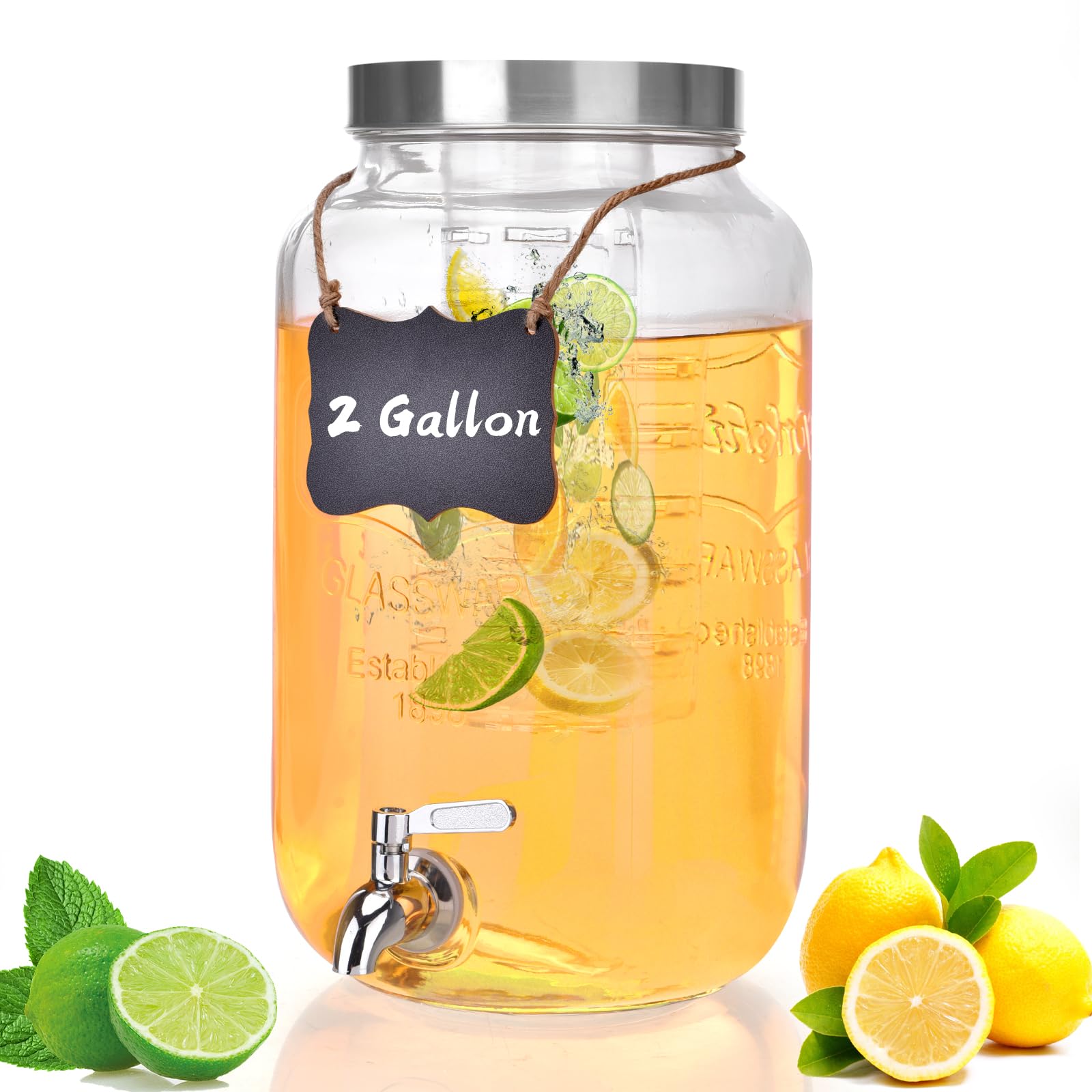 Photo 1 of 2 Gallon Glass Drink Dispenser, Drink Dispenser for Parties, Beverage Dispenser with Fruit Infuser, 100% Leakproof Spigot, Ideal for Lemonade, Juice, Iced Tea, Laundry Detergent Dispenser