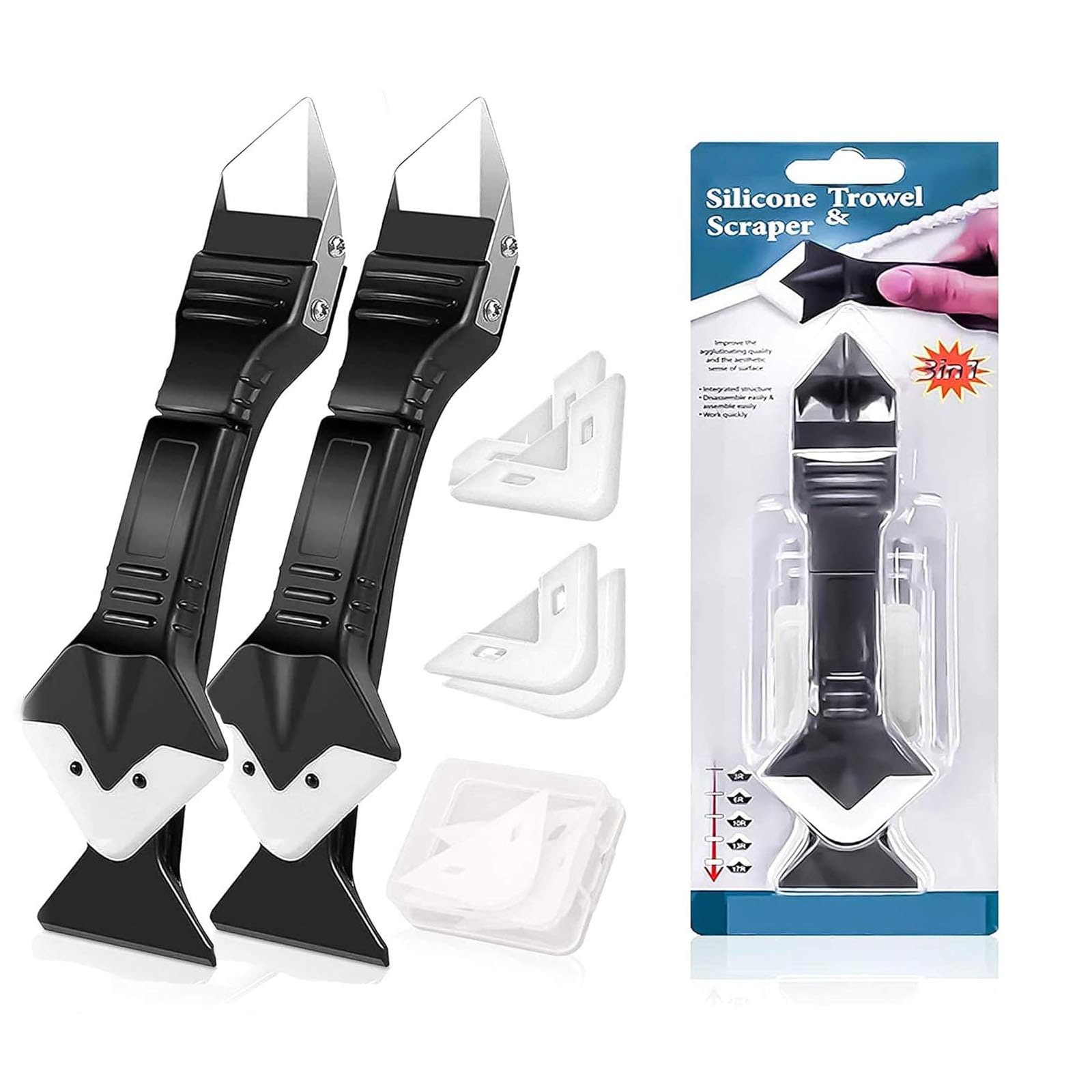 Bluecaps 2 x Pro Silicone Sealant Tool with Stainless Steel Head - 3 in 1 : Seal, Finish and Scrape - Includes 5 Reusable Silicone Pads - Ideal for Kitchens, Bathrooms, Windows, and Sink Joints