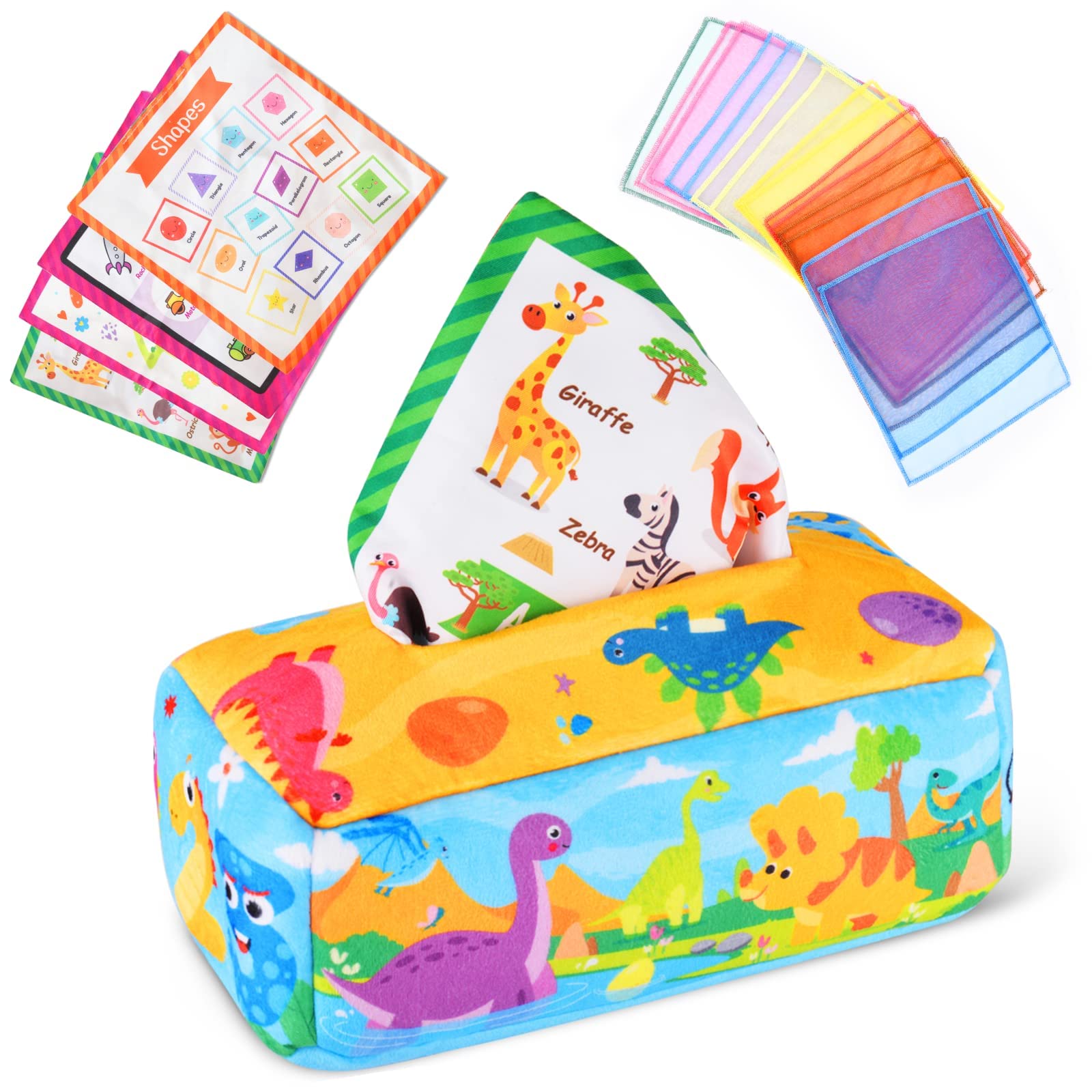 Vicloon Baby Tissue Box Toy, Soft Stuffed High Contrast Crinkle Montessori Square Sensory Toys include Colorful Scarves, Montessori Sensory Early Learning Toys for 6-24 Months Baby
