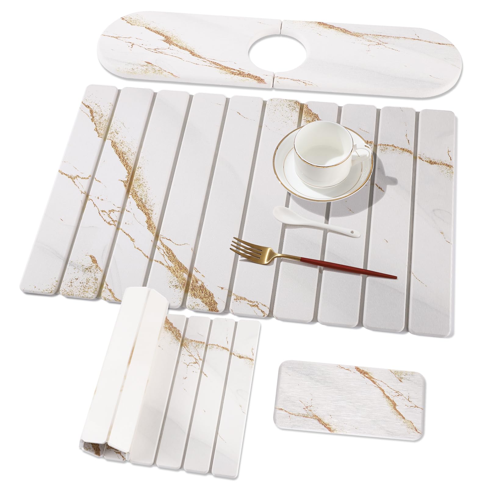 Photo 1 of 3 PCS Large Stone Dish Drying Mat for Kitchen Counter, Quick Dry Stone Dishes Mats, Sink Faucet Mat, Marble Water Absorbing Diatomaceous Earth Drying Pad for Countertop Tableware, Bottles