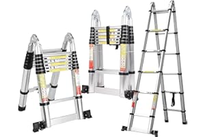 BOWEITI 12.5FT A Frame Telescoping Ladder, Aluminum Telescopic Ladder w/Balance Bar & Movable Wheel, 330lbs Capacity Compact Ladder, RV Extension Ladder for Household, Outdoor