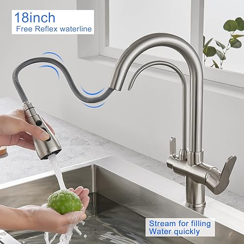 3-in-1 Kitchen Faucet With Drinking Water Filter - Pull Down Sprayer Brushed Nickel