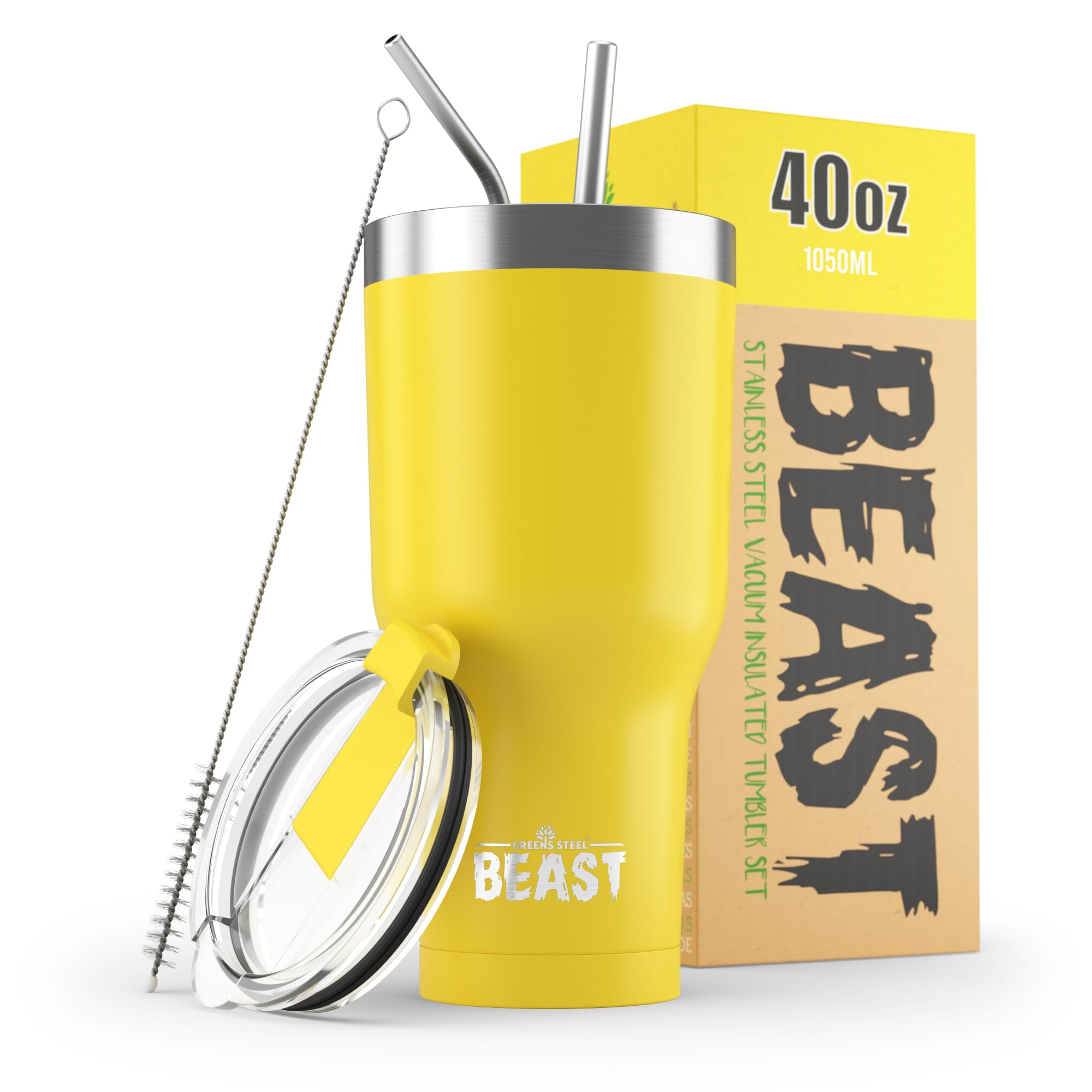 Beast Tumbler - 1050 ml (40 oz), Lemon Yellow | Reusable Stainless Steel, Vacuum Insulated Cup | with + 2 Straws & Cleaning Brush | Double Wall Travel Flask Perfect for Hot or Iced Coffee | BPA Free