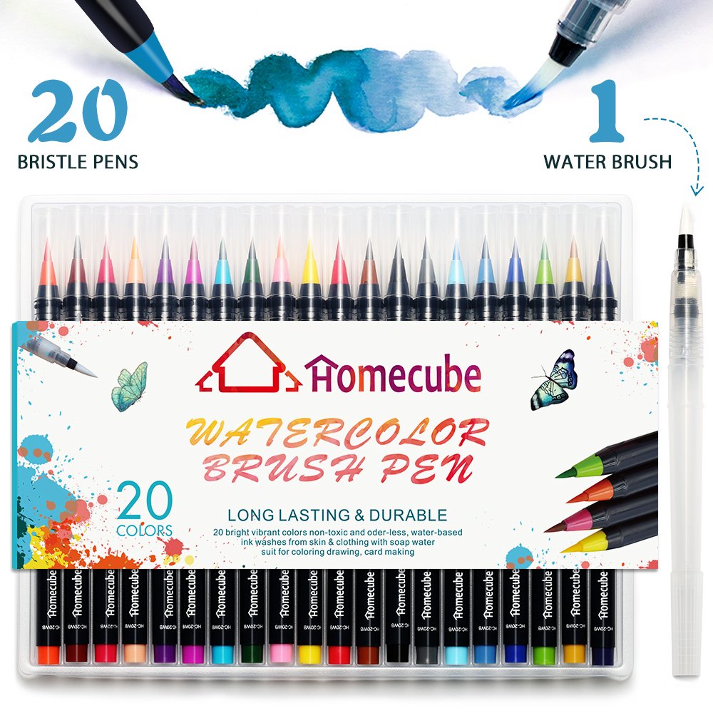 Watercolor Brush Pens, Homecube 20 Colors Water Based Painting Markers with a Water Coloring Brush for Children & Adults Coloring Books, Manga, Comic, Calligraphy