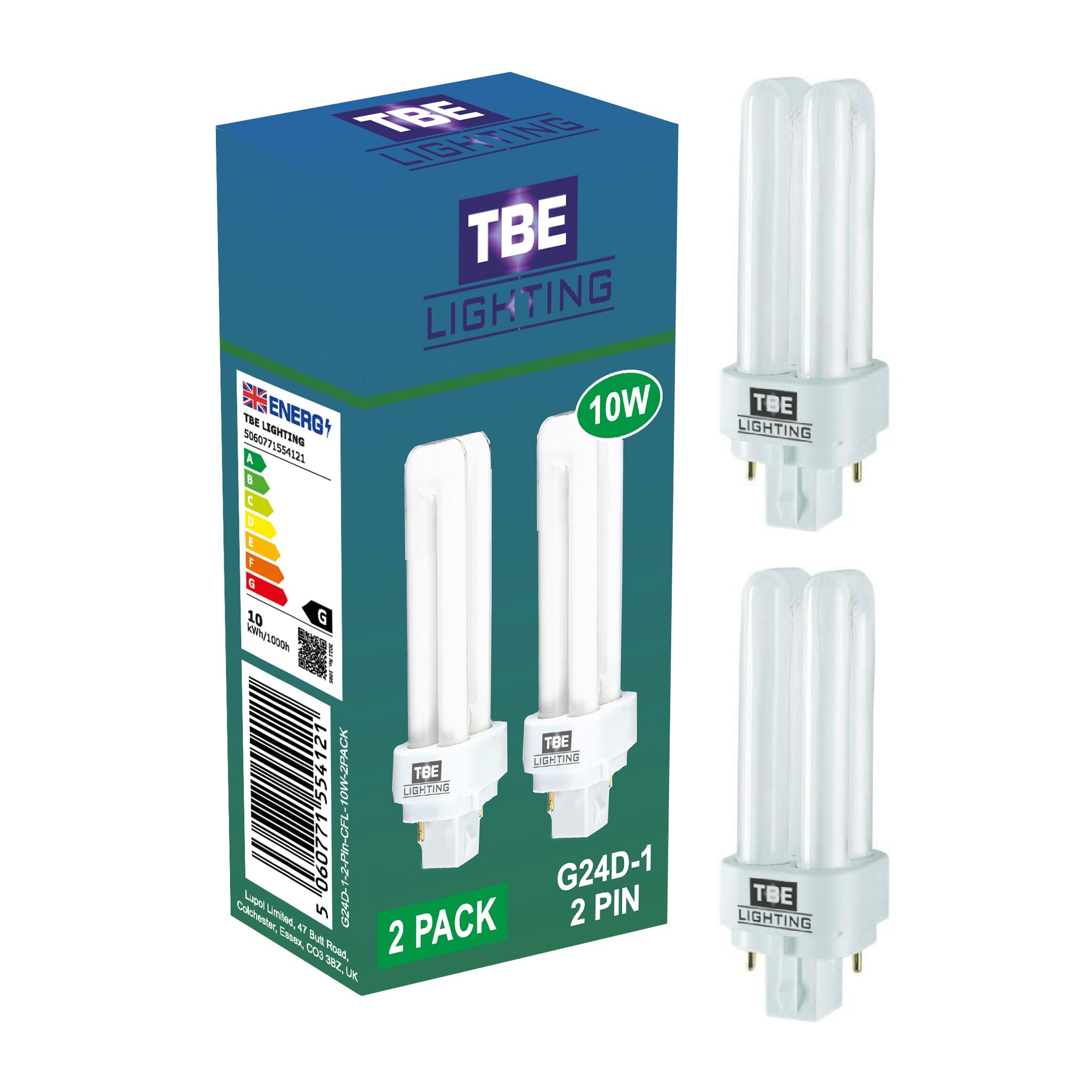 TBE LIGHTING 10w G24D-1 2-Pin CFL Lamp - Pack of 2 Units - Cool White 4000K, 600 Lumen/Double Turn CFL Compact Fluorescent Light