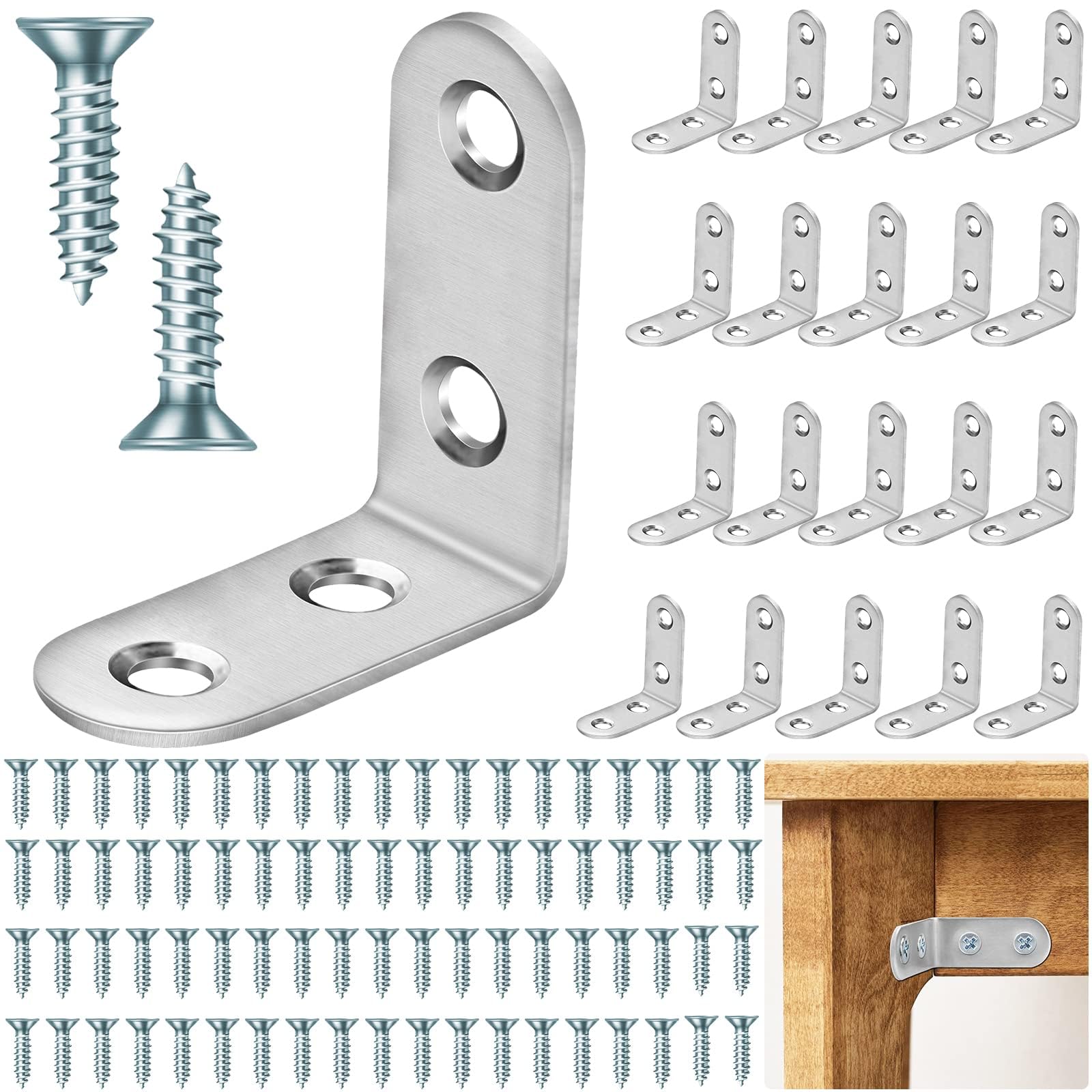 Lonely high heels 20pcs L Brackets for Wood Angle Brackets Corner Brackets 90 Degree Right Sleeper Brackets Stainless Steel Fastener with Screws for Wood Shelves Furniture Cabinet (40MM), Silver
