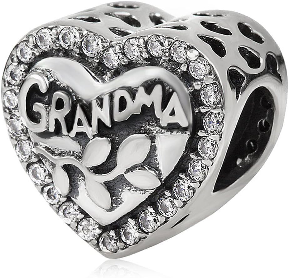 SOUKISS Grandma Heart Charm - 925 Sterling Silver Family Love Charm For Pandora & European Bracelets