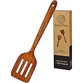 SarnThai Handmade Teak Slotted Spatula – Wooden Spatula for Stirring, Long Handle, Lightweight & Safe for Nonstick Cookware