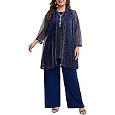 Plus Size Mother of The Bride Pant Suits 3 Piece Elegant Lace Sets Wedding Guest Formal Outfit with Metallic BrightThread