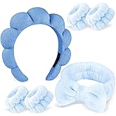 Zkptops 6Pcs Spa Headband for Washing Face Wristbands Set Women Bubble Makeup Sponge Terry Cloth Padded Puffy Skincare Headband Bow Tie Hairband Cute Non Slip Thick Hair Accessory Gifts (Dark Blue)