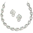 ZENEME Women Rhodium-Plated with Silver-Toned Cubic Zirconia & American Diamond studded Necklace and Drop Earrings Jewellery Set