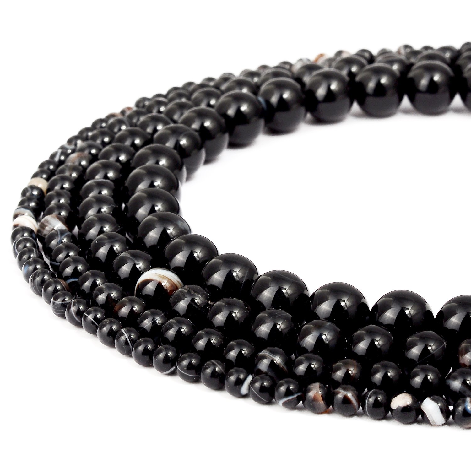 RUBYCA Natural Black Striped Agate Gemstone Round Loose Beads for DIY Jewelry Making 1 Strand - 6mm