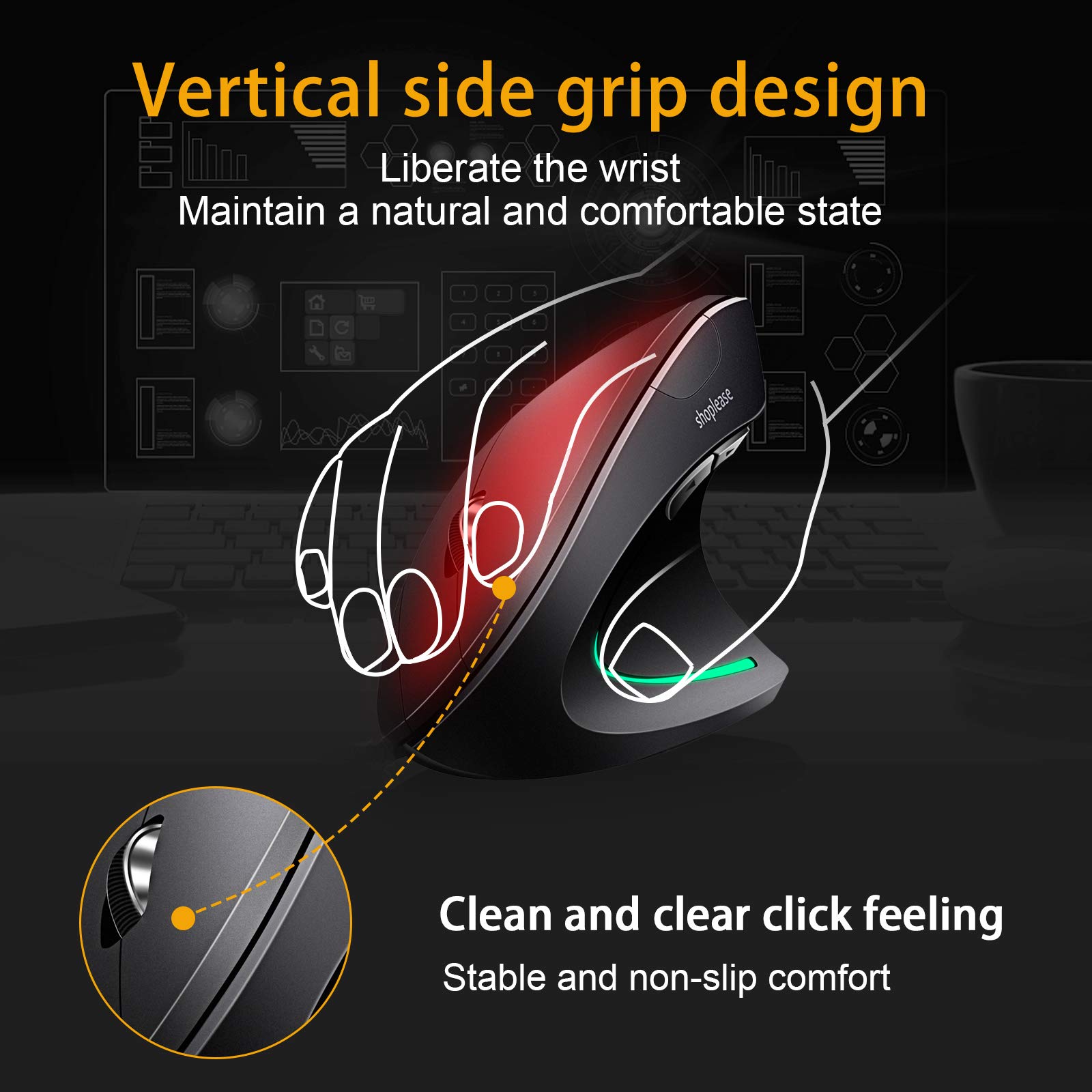 Wired Vertical Mouse, Optical Ergonomic Mouse with 4 Adjustable 800/1200/2000/3200, 5 Buttons USB Computer Mouse, Better for Large and Medium Sized Hands